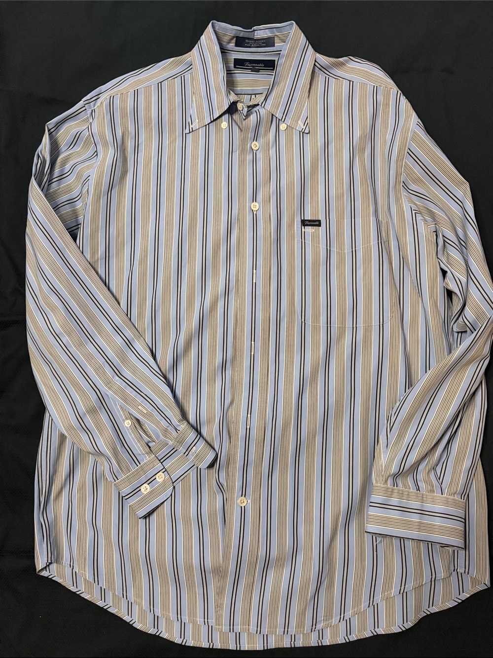 Faconnable Blue, Tan and White Vertical Stripe Dress Shirt